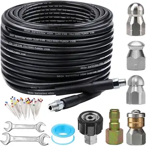 Sewer Jetter Kit for  Washer 100FT, 5800PSI Drain Cleaner Hose 1/4 Inch NPT Corner, Rotating and Button Hose Sewer Jetting Nozzle  Corsage Pin  Tape with 2 Spanner