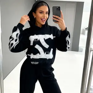 Oversized Black/black Graphic Hoodie - Bold White Flame & Logo Print Streetwear Hooded Sweatshirt