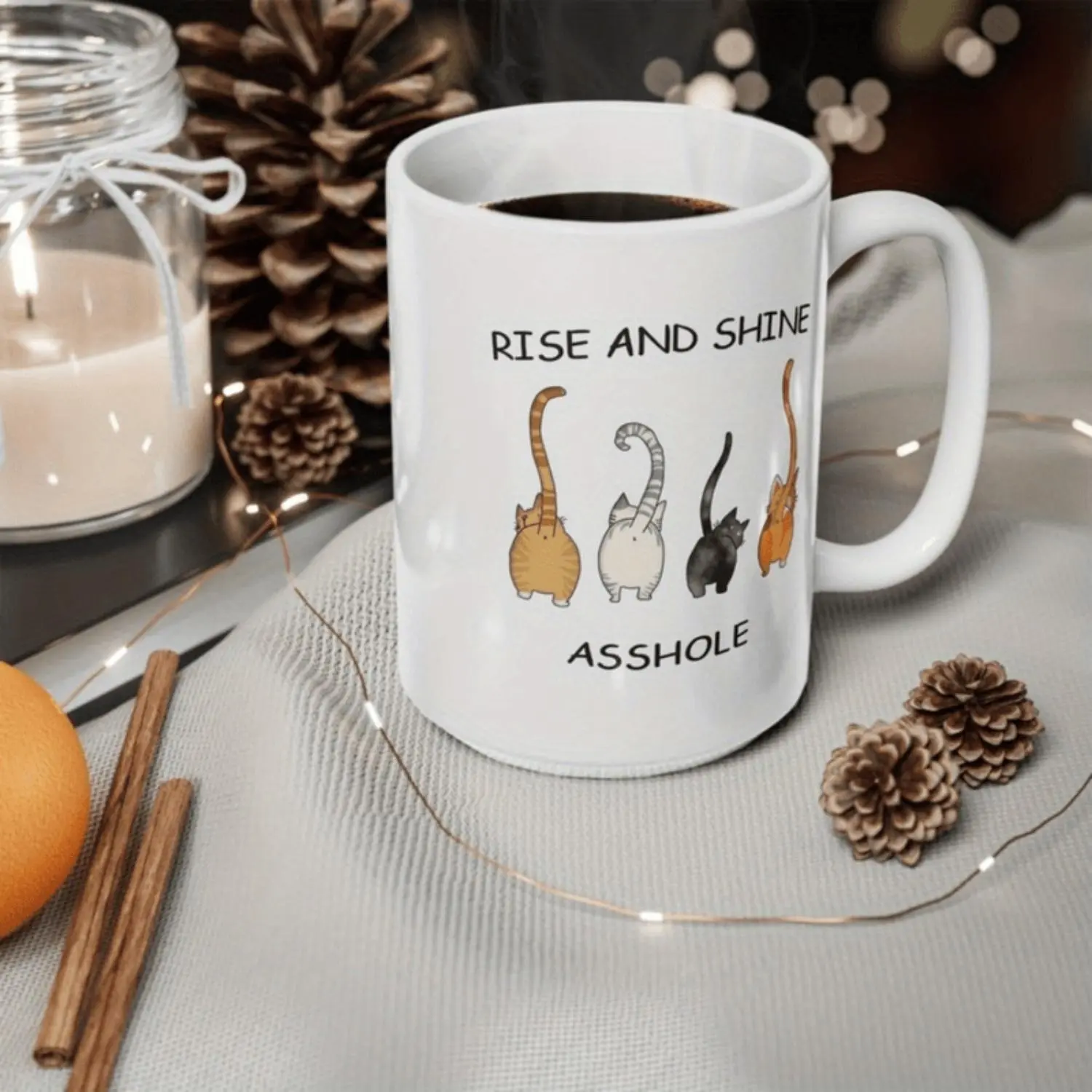 CAT BUTT MUG - Crazy Cat Lady Mug - Rise And Shine Mug - Funny Cat Gifts - Cat Lovers Gifts - Handmade 11oz Coffee Cup - Kitchen Accessories, 11oz White Mug with Double Side Print, Fun Cup, 11oz White Mug for Coffee & Tea Lovers