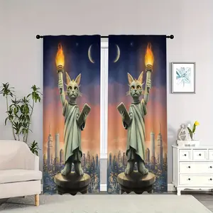 Cat statue holding a torch, city night scene interior curtains, blackout, heat insulation, soft, suitable for home décor.