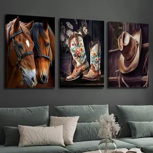 Set of 3 Framed Pieces - Western Art-Themed Canvas Wall Art (Boots & Hats Triptych) - Clearance Sale.2D Flat Design; Ideal for Halloween, Christmas, Winter, and Summer Seasons.Premium Interior Decor suitable for Him/Her; Perfect Aesthetic Posters for Be