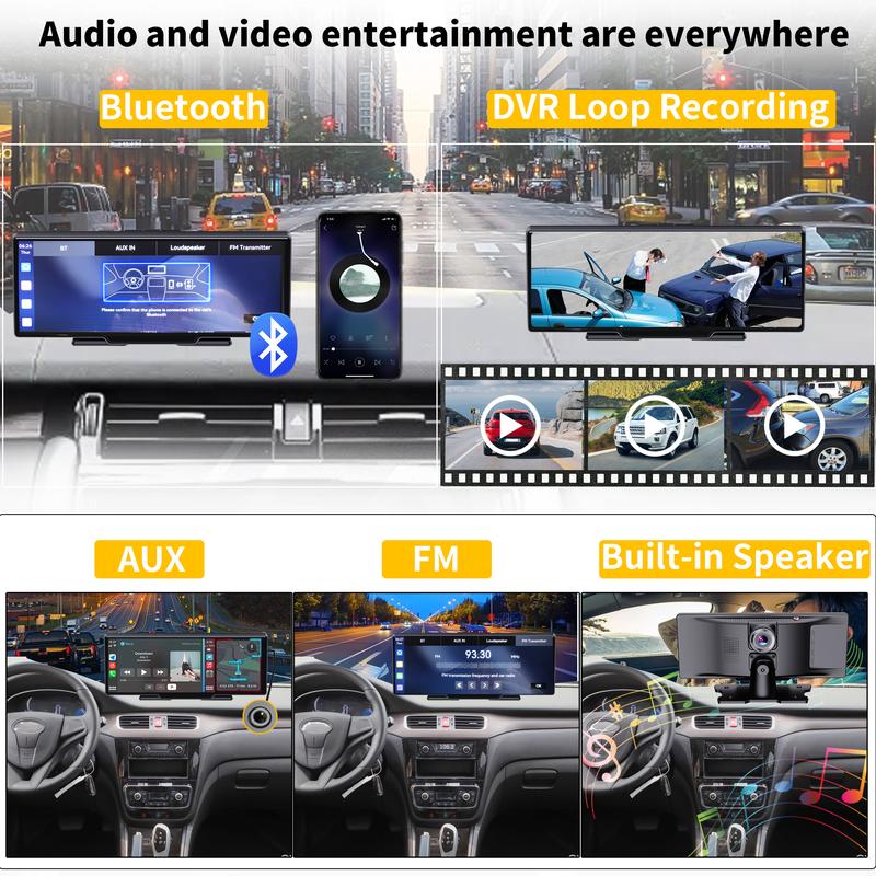 Screen 10.26" INCH Portable Car Player Carplay Android Auto Bluetooth IPS  Touch Screen Dash Cam AirPlay Android Cast  Backup Camera  Loop Recording Bluetooth  FM AUX