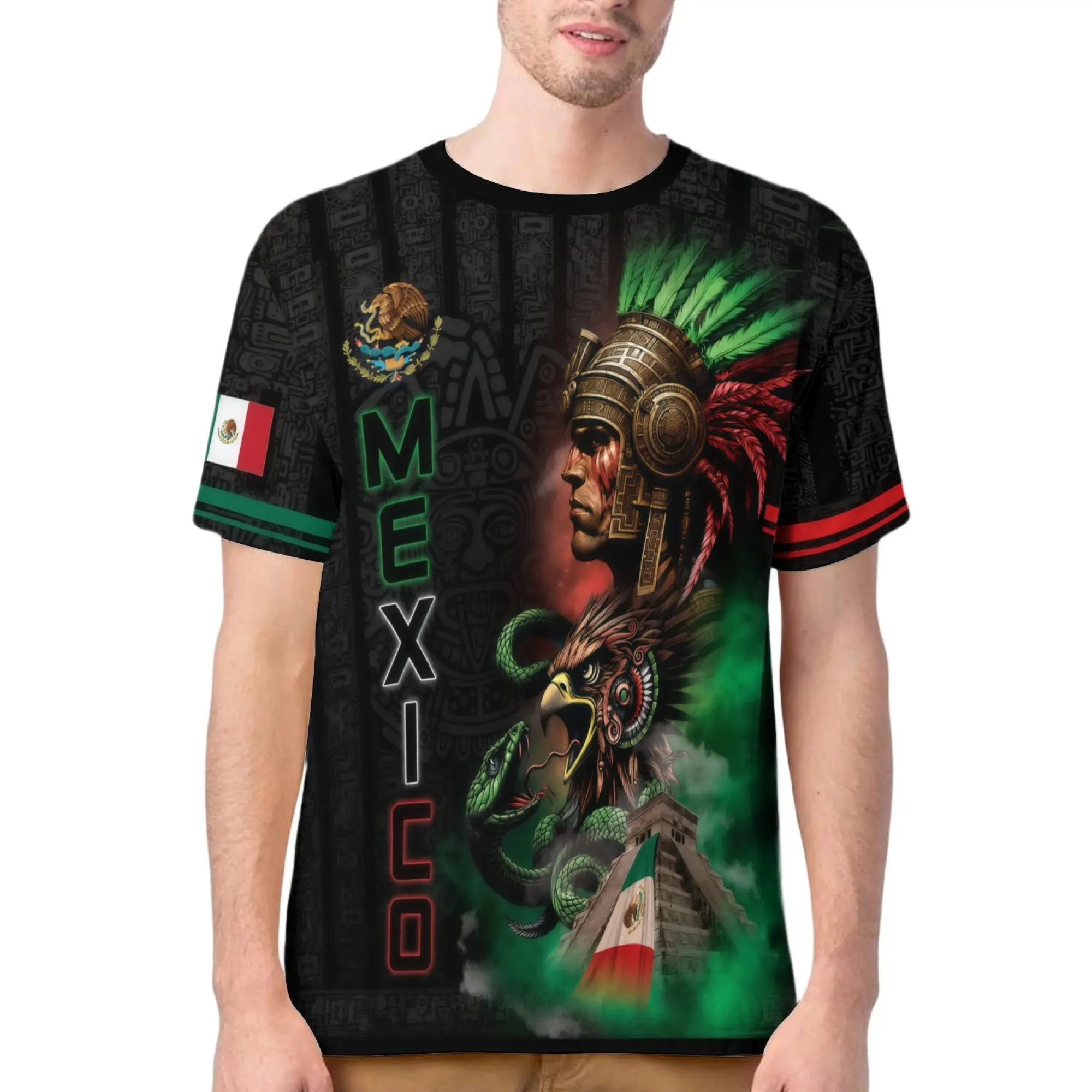 Men's Aztec Pattern Short-Sleeve Graphic Jersey Top - Mexican Soccer Shirt, Breathable Sports Jersey, All Over Print, Mexico Aztec Warrior Eagle Heritage Pride Culture, Game Viewing Gift