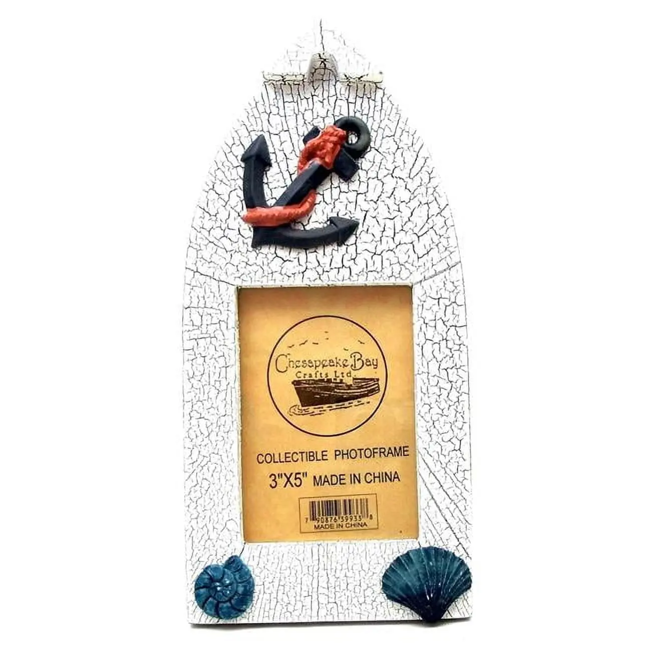 Novelties & Gifts Chesapeake Bay Crafts Ltd. Wooden Boat Shaped 3 x 5 in. White Picture Frame with Anchor & Shell Embellishments