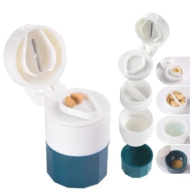 Multi-Function 4-Layer 4-in-1 Portable Medicine Box - Grinder, Splitter, Tablet Crusher, Storage Jar for Home Organization, Jar & Tools