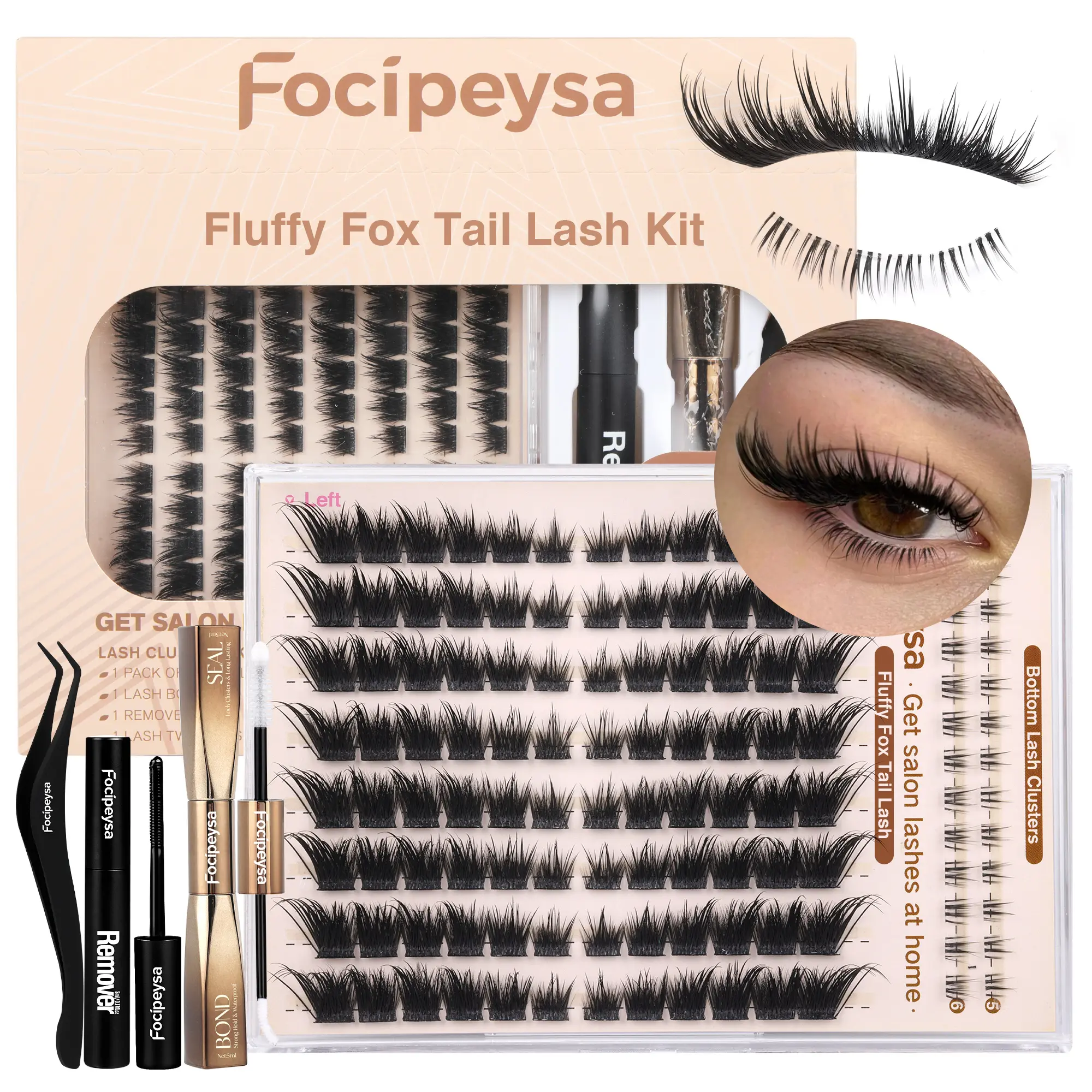 Focipeysa Fluffy Foxtail LC Curl Fox Eye Cluster Lashes Kit - Lightweight, Natural, Wispy, Ultra-Dense DIY Cosmetic False Lashes, Beginner-Friendly, with Bond and Seal for Adults' Daily At-Home Eyelash Extensions