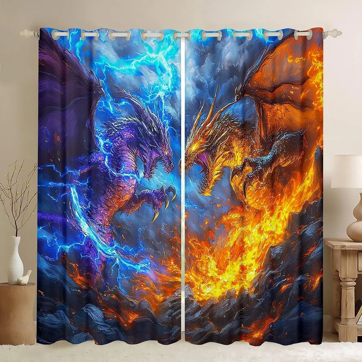 Feelyou 2-Panel Monster & Dragon Velvet Curtains, Colorful Art Print Animal Decorative Curtains, Beautiful Patterns Lightning Fire Anime Living Room Drapes, Home Textile Interior Decoration Accessories, Colorful Curtains