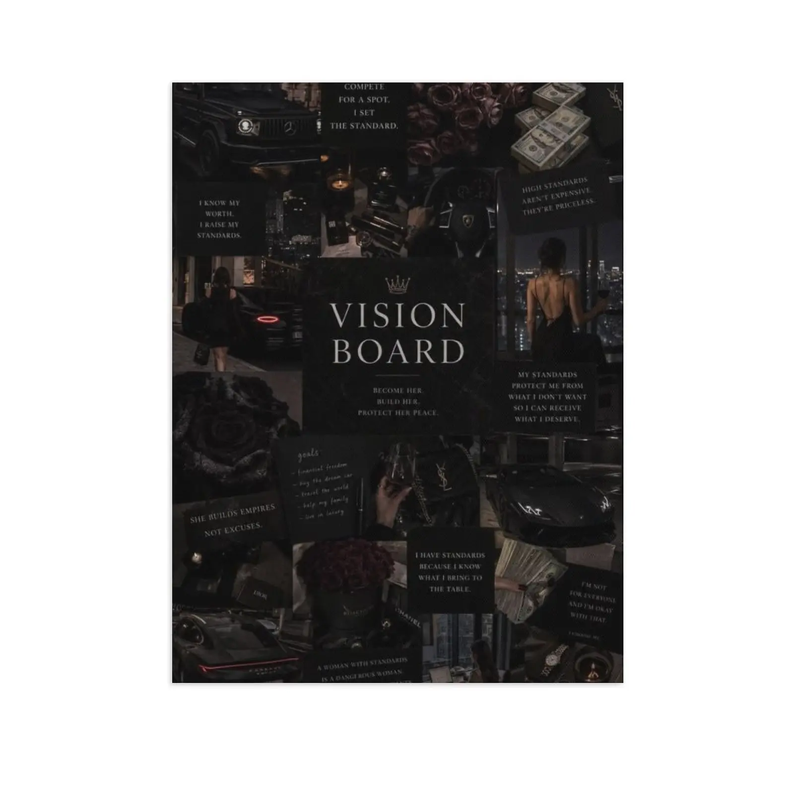 Vision Board Motivational Canvas Print Inspirational Collage Dream Life Goal Setting Success Manifestation Black Modern Wall Art Unframed Decor