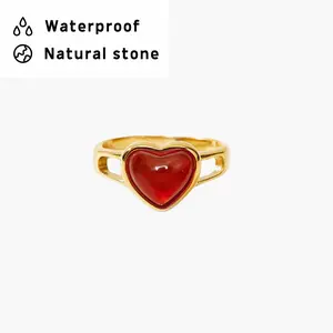 en route Carnelian Heart Ring in Gold, Waterproof Jewelry with Natural Carnelian, Classic Heart-inspired Design, Perfect for Everyday Wear & Layering