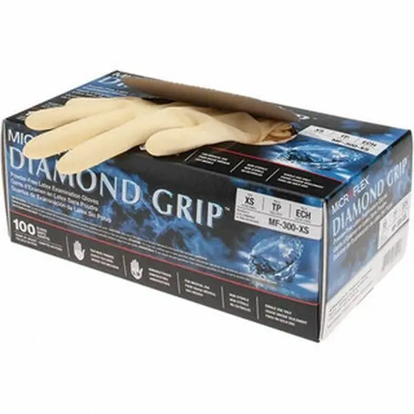Microflex Natural Disposable Latex Cleaning Gloves - MF-300-XS Size, 6.3 Mils Thick, FDA Approved, Medical Grade, Non-Slip Diamond Grip, Textured Fingers