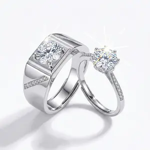 Couple Rings Set Adjustable Alloy Cubic Zirconia His and Hers Wedding Bands Round Brilliant Cut 6 Prong Solitaire Engagement Ring Twisted Pave Band for Women Comfort Fit Signet Band for Men Promise Anniversary Jewelry Gift