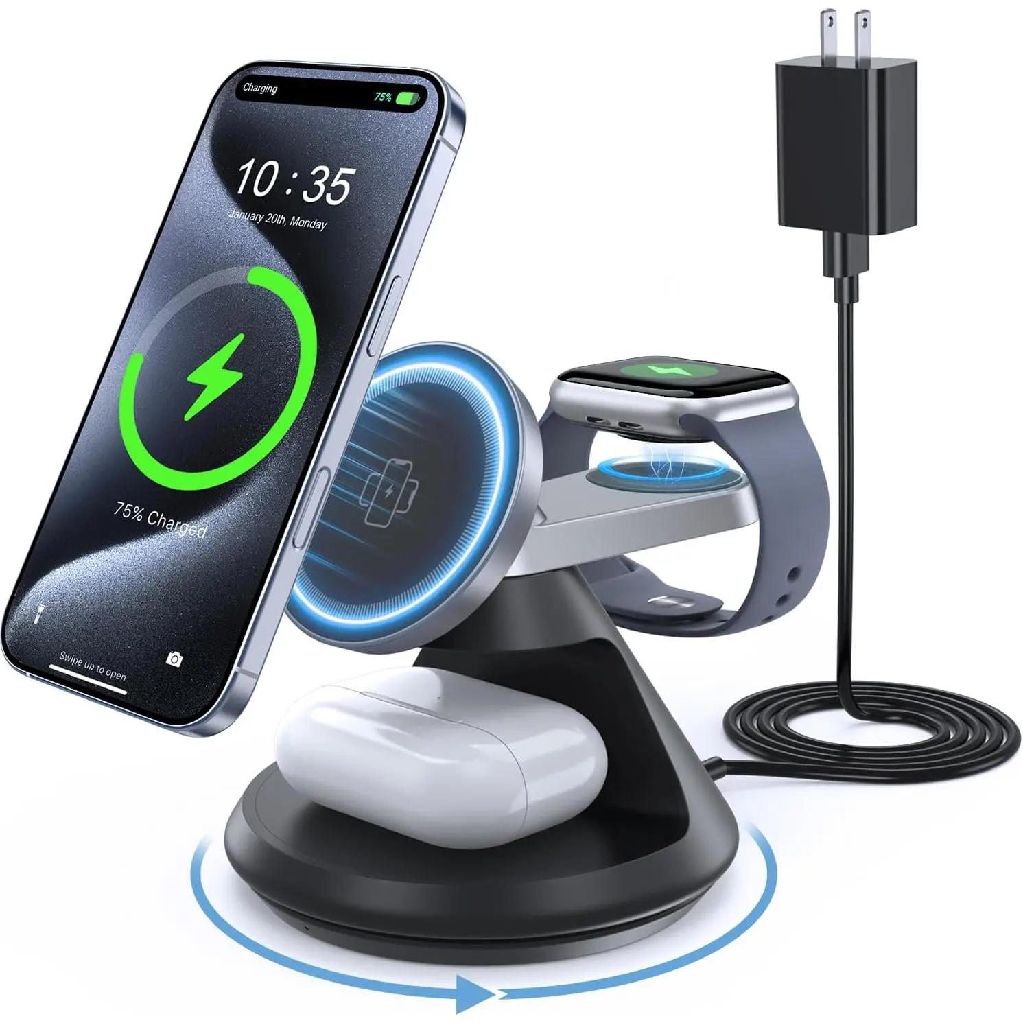 3-in-1 MagSafe Compatible Charging Station - 15W Compact Desk Charger, 360° Rotating Dock Doubles as Phone Stand, Protects Devices for iPhone 16/15/14/13/12 Series, iWatch, AirPods, Synthetic Material, Charger Stand