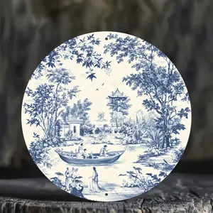 [Garden Enhancement] Vintage Blue and White Porcelain Design Round Aluminum Wall Plaque - 8" Nautical River Scene Decor with Traditional Asian Artwork for Home, Office, or Garden - Perfect for Holidays and Festivals, Coastal Home Decor