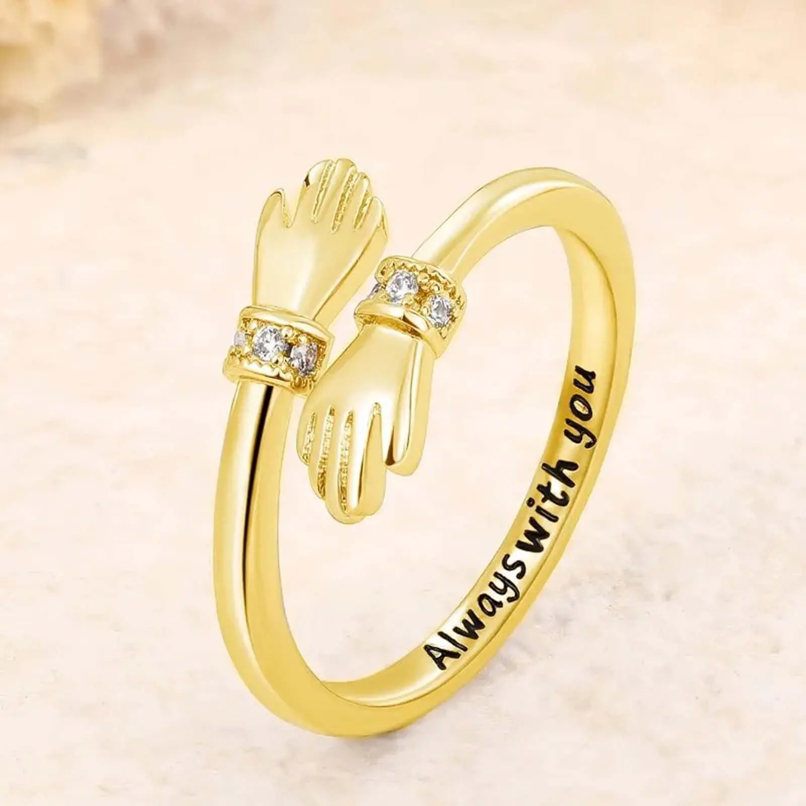 "Always With You" Heart-Shaped Zirconia Hug Ring, Adjustable Couples Jewelry, Personalized Anniversary & Birthday Gift for Men & Women