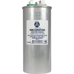 Appli Parts Dual Run Capacitor for ac 45+10 Mfd uF (microfarads) 370 VAC or 450 VAC Round Universal fit for hvac and other applications 5-3/8 in High 2-1/8 in Wide CON-45/10-450
