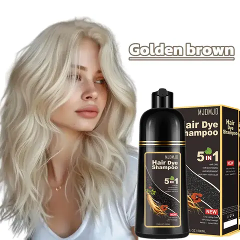 MJDMJD 5-in-1 Herbal Ginseng Hair Dye Shampoo - Black Gold Formula, Unisex, Golden Brown Temporary Hair Color, Instant Gray Coverage, Long-Lasting, Ammonia-Free, Gentle Nourishing Haircare, Moisturizing, Adds Shine, 500ml, No Bleach Hair Color