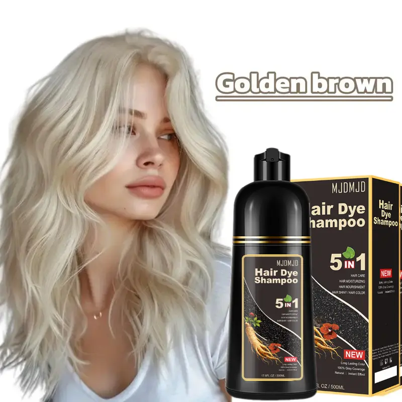 MJDMJD 5-in-1 Herbal Ginseng Hair Dye Shampoo - Black Gold Formula, Unisex, Golden Brown Temporary Hair Color, Instant Gray Coverage, Long-Lasting, Ammonia-Free, Gentle Nourishing Haircare, Moisturizing, Adds Shine, 500ml, No Bleach Hair Color