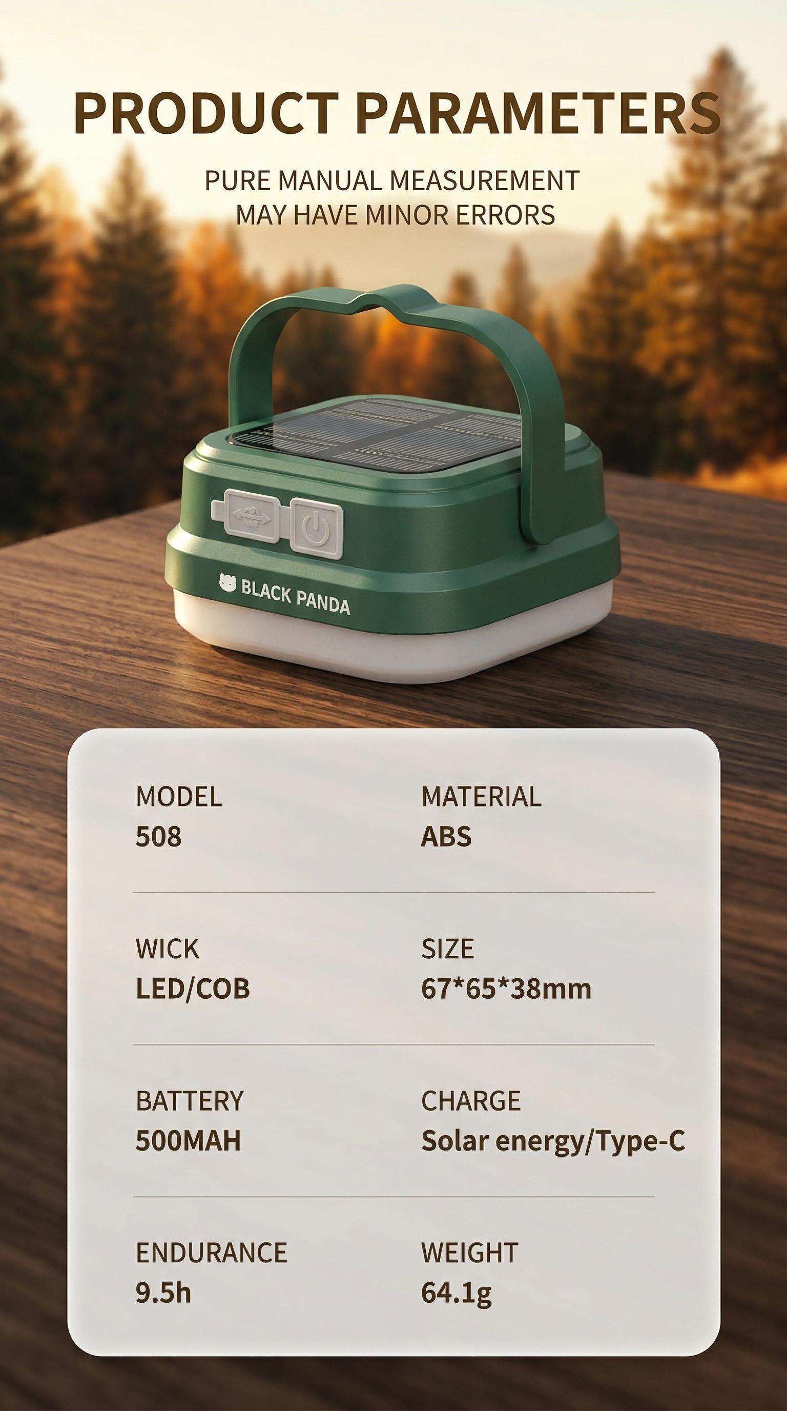 Black Panda Portable Solar Camping Lantern Solar & USB-C Dual Charging High Brightness Daily water resistant Multiple Lighting Modes