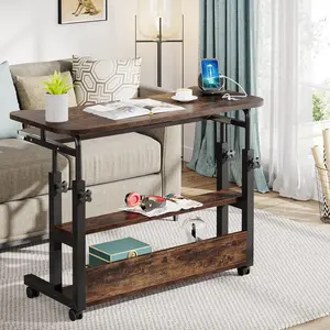 LITTLE TREE Portable Desk with Power Outlets, Height Adjustable Side Table Sofa Couch Bedside Laptop Computer Cart with USB Charging Ports, Mobile Small Standing Desk with Keyboard Tray