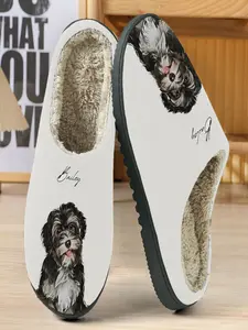 Customizable Bailey Dog Theme Warm Cotton Slippers, Pure Background, Schnauzer Design, Handwritten Name, Soft Plush Lining