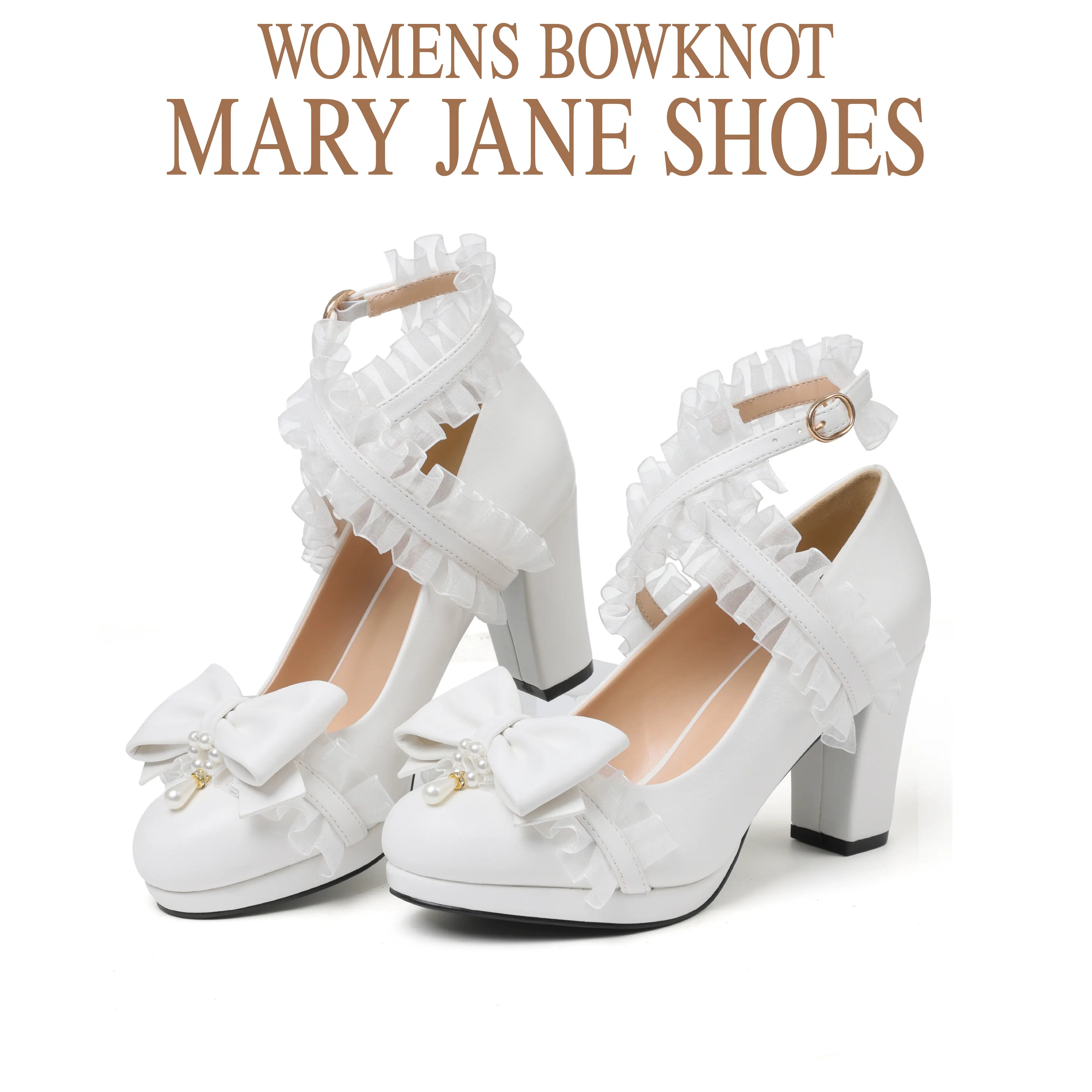 CYNLLIO Womes Chunky Block Heel Rounded Toe Cross Ruffle Ankle Strap Pearl Bow Kawaii Pumps Slip On Comfy Fashionable Wedding Party Cosplay Dating Casual Summer Mary Jane Wedding Shoes