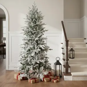 360 Stand 6ft Traditional Flocked PVC Pine Christmas Tree - Slender, Metal-Constructed, Hinged-Branches Festive Home Decoration (Model 666706), Hingedbranches, Decorations, Easy Set Up