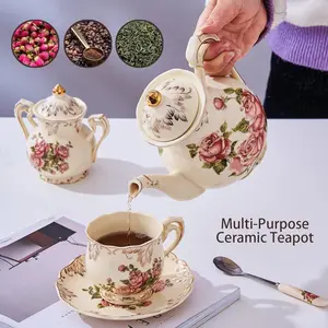 Elegant Porcelain Coffee Pot with Floral Design & Trim, Vintage Creamer Teapot for Coffee Bar, Home & Party Decor