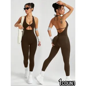 Women's Sexy Backless Halter Jumpsuit High Elastic Breathable Fabric with Removable Chest Pad Stylish Activewear for Fitness Sporty Ruched Jumpsuit