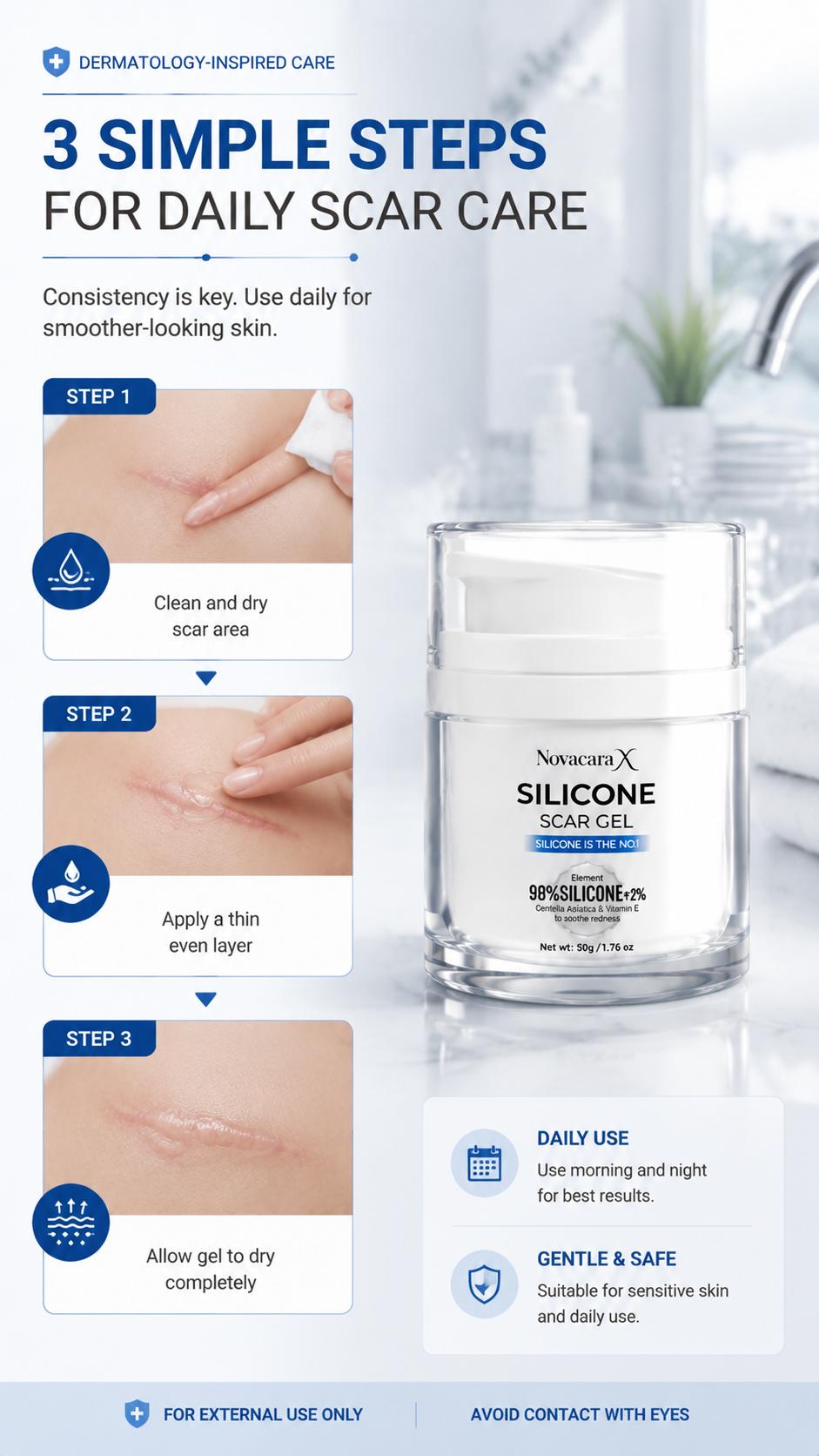 NOVACARA X 98% Silicone Scar Gel, Medical-Grade Treatment to Smooth Scars from C-Section, Surgery & Acne, Transparent Moisturizer for Sensitive Skin, Scar Removal Gel