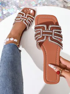 Women's Light Sequined Cross-Band Flat Sandals, Comfortable PU Leather Summer Beach Party Footwear for Casual Outings