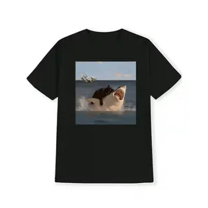 Black Cat Pressed Great White Shark Emoji Printed Casual Crew Neck T-shirt, Black Funny Print Pattern Top, Creative Spoof T-shirt Gift, Unique Meme Emoji Bag T-shirt, Unusual Clothing, Unique Funny Wacky Party Tops