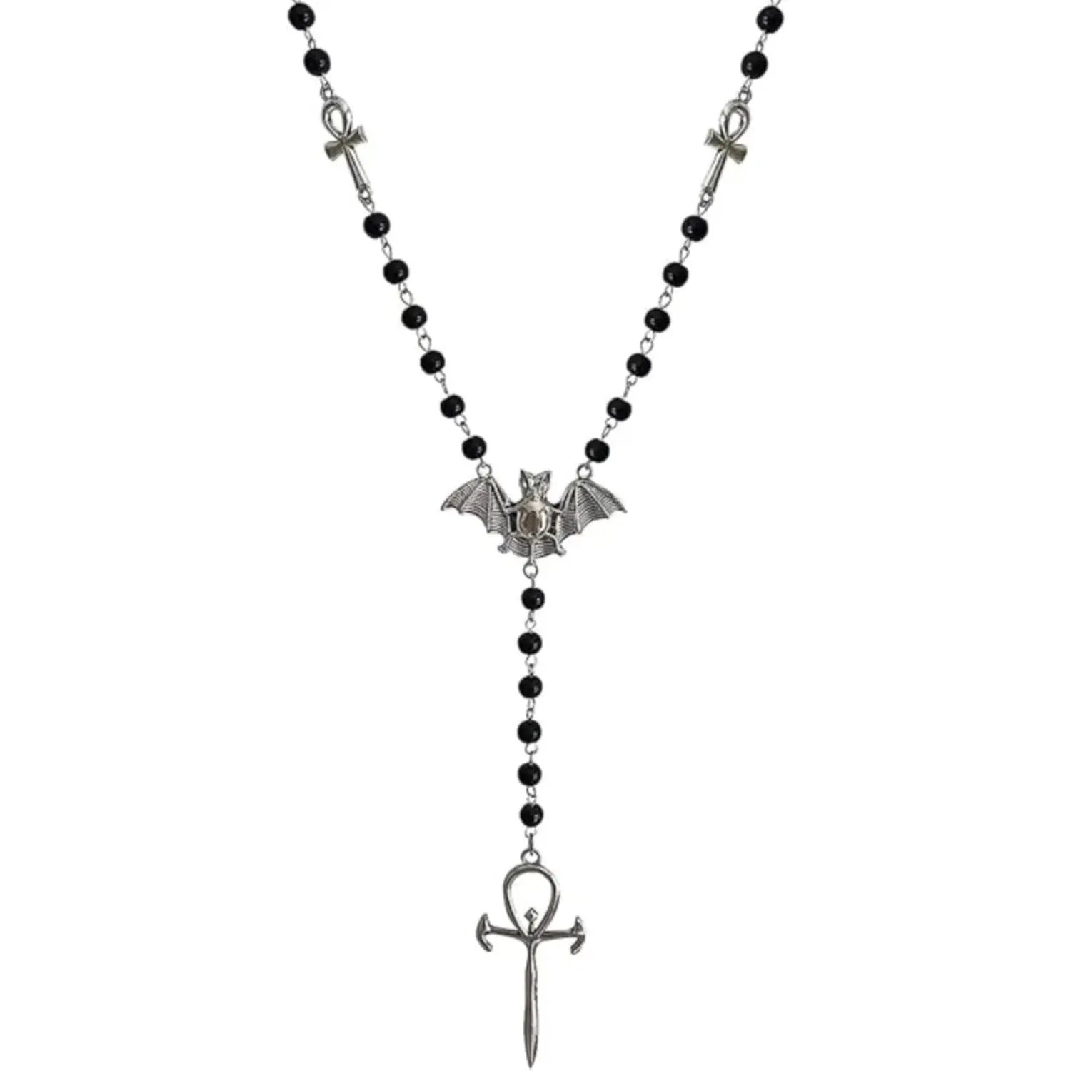 Women's Costume Jewelry Necklace, Ankh Cross Pendant, Black Long Rosary Beaded Gothic Bat-Inspired Ancient Egyptian Religious Grunge Accessory