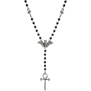 Ankh Cross Bat Necklace Religious Grunge Gothic Vampire Black Long Rosary Beaded Ancient Egyptian Necklace for Women