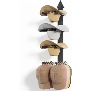 Wall-Mounted Cowboy Hat Rack, Wall-Hanging Cowboy Hat Holder Can Accommodate Up to 4 Hats, Wooden Western Country Style Metal Hat Rack with Arrow Sign Board, Suitable for Cowboy Hats, Fedora Hats, Sun Hats Storage Rack (Black)