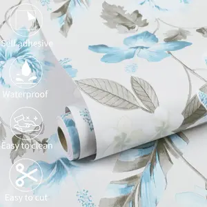 Soft Blue Floral Peel and Stick Decorative Wallpaper - Waterproof Removable Self-Adhesive Contact Paper | Fresh Large Flower Pattern, Durable for Living Room, Bedroom, Cabinet Wall Renovation | Home Decor Sticker Peel and Stick Wallpaper Designs