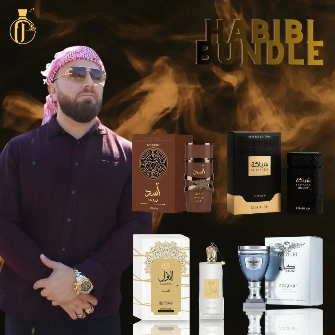 Habibi Bundle | Lattafa Asad Bourbon + Khadlaj Shiyaaka Shadow + Zakat Al Awwal Blanco + Zakat Aviator Karim | Men's Fragrance | 100 ML - 3.4 OZ | Eau De Parfum | Lavender - Mirabelle & Pink Pepper