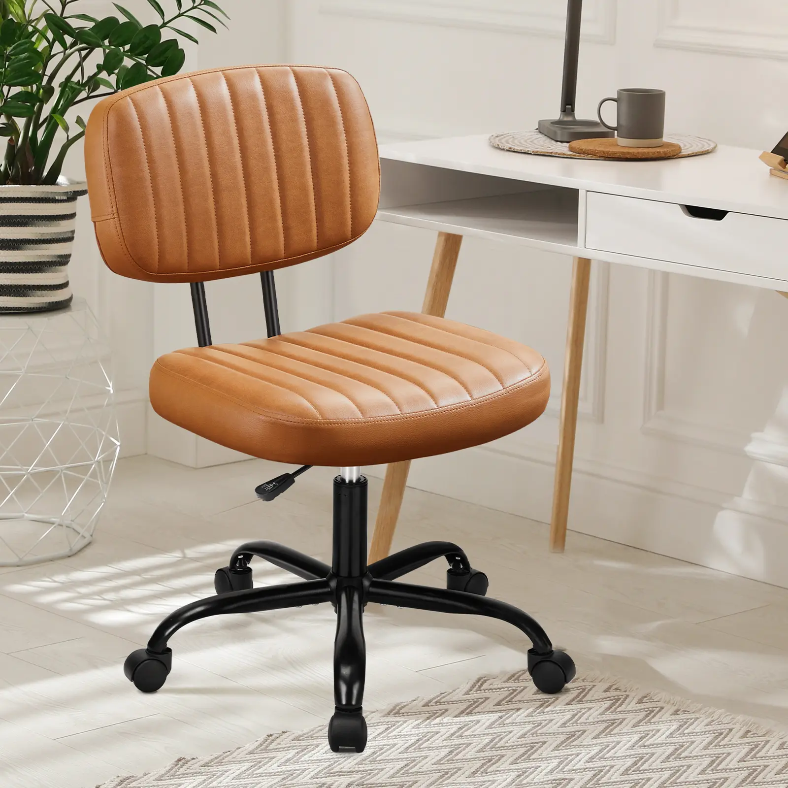 FurniChic Haven Ergonomic Armless Small Office Chair - PU Leather Low Back, Lumbar Support, Adjustable Height, 360° Swivel, Rolling Wheels