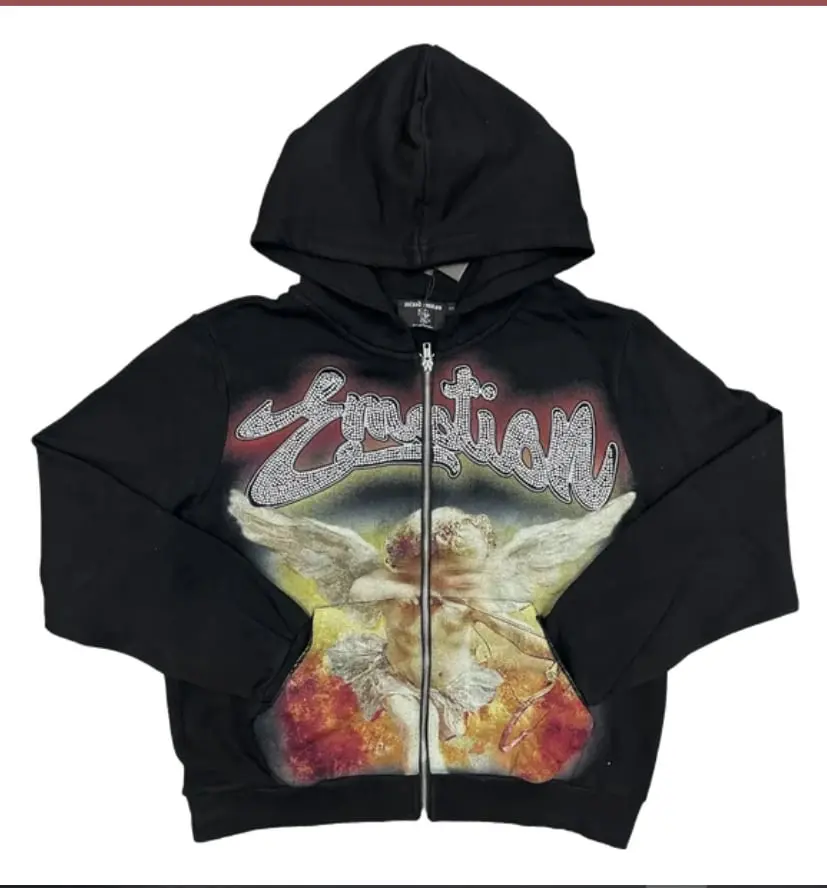 Mixed Emotions Rhinestone Hoodie Acid Wash Black Casual Menswear