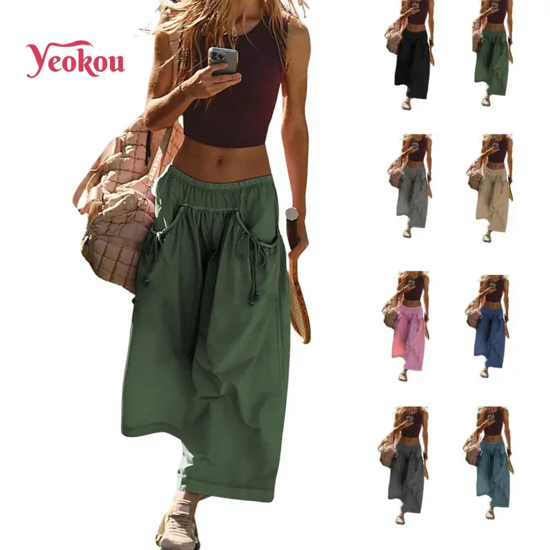 Yeokou Women's Loose Wideleg Track Capri Pants - Lady's Bottom with Boho Sport Style, Drawstring, Elastic Waist, Pockets, for Hiking, Casual Women's Clothes,summerwins,summeroutfits,vacationoutfits,beachoutfits,back to school shopping