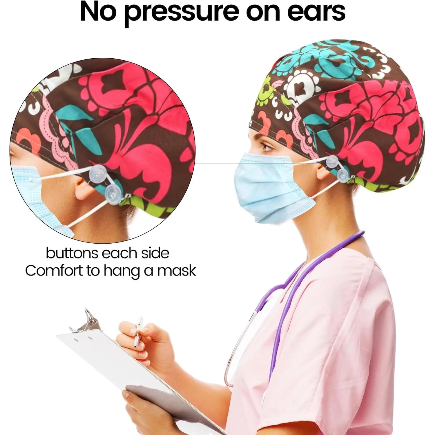 4Pcs Scrub Caps for Women Nurse Surgical Hats Adjustable Working Cap Satin-Lined Doctor Hat with Sweatband and Buttons