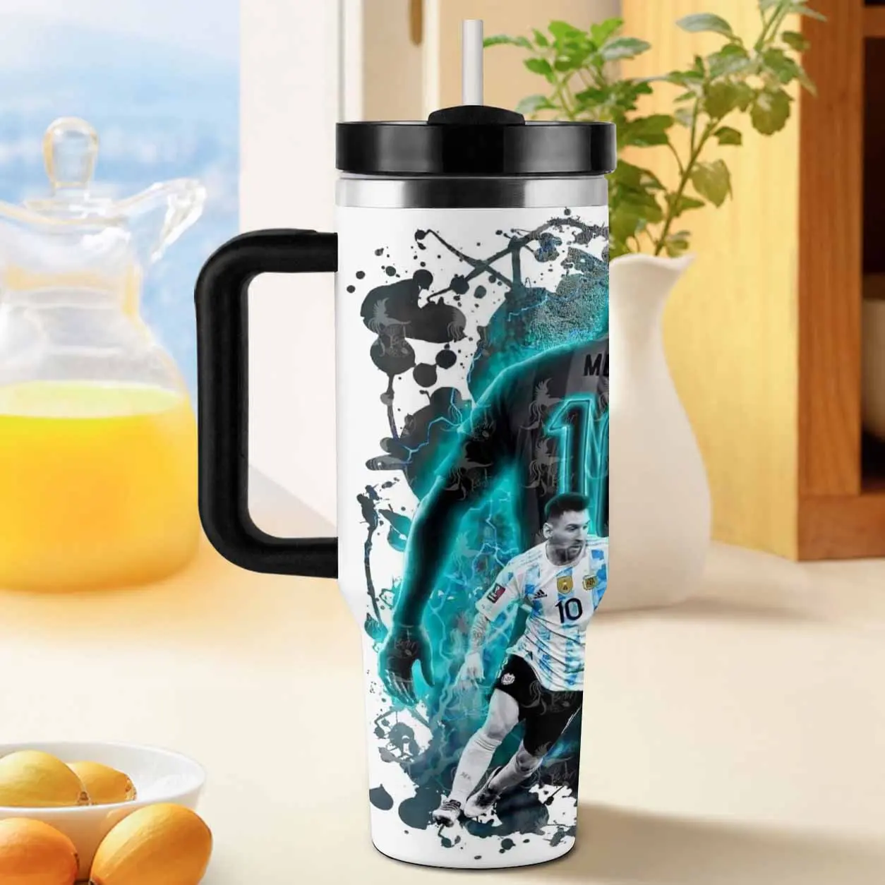 Soccer Star  Theme Tumbler 40oz. Neon Blue Lightning Sport Pattern. Vacuum Insulated Stainless Steel Leakproof Design. Ideal For Car Cup Holders And Fitness Gym Workouts.