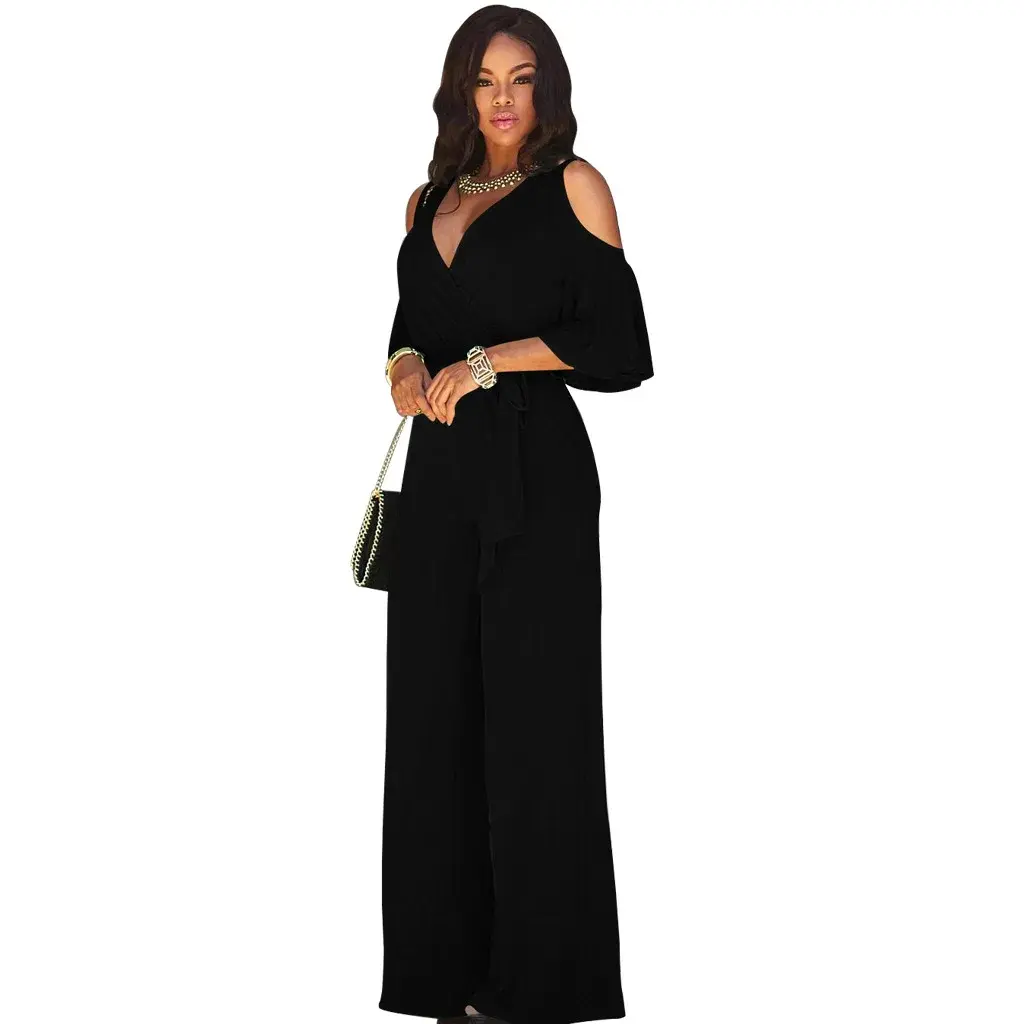 NEWSolid Color V Neck Cut Out Sleeve Design Women Playsuits Wide Leg Pants One Piece Jumpsuit Ladies Jumpsuit