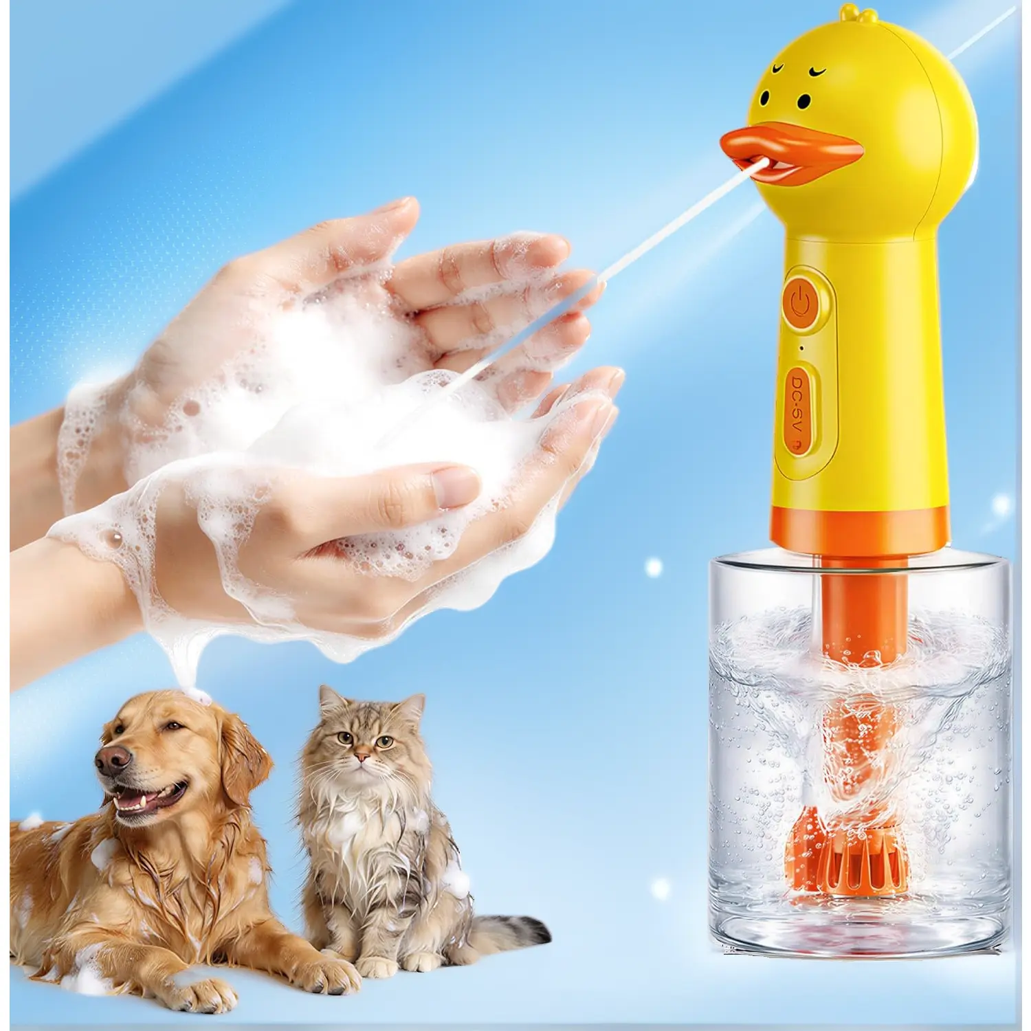 Rechargeable Electric Duck Foam Sprayer Soap Dispenser - Automatic Foaming, 10.08in x 3.27in x 3.27in, for Dog Bath, Kitchen Cleaning
