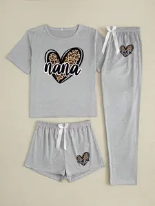 Women's Letter Animal Print Leopard Heart Print Sleepwear Loungewear Homewear Set, Casual Loose Fit Three-Piece Pajama Suit, All Season Comfortable Nightwear