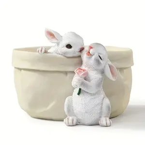 Resin Rabbit Planter, Modern Cream-Colored Indoor Outdoor Decorative Flower Pot, Round Planter, Adorable Rabbit Figures, Drainage Hole, Perfect for Gardening