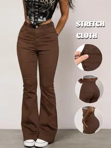 GILIPUR 1 pair of American retro brown high-waisted slightly flared denim jeans, slimming, stretchy, form-fitting flared pants, versatile long pants for hot girls TChic