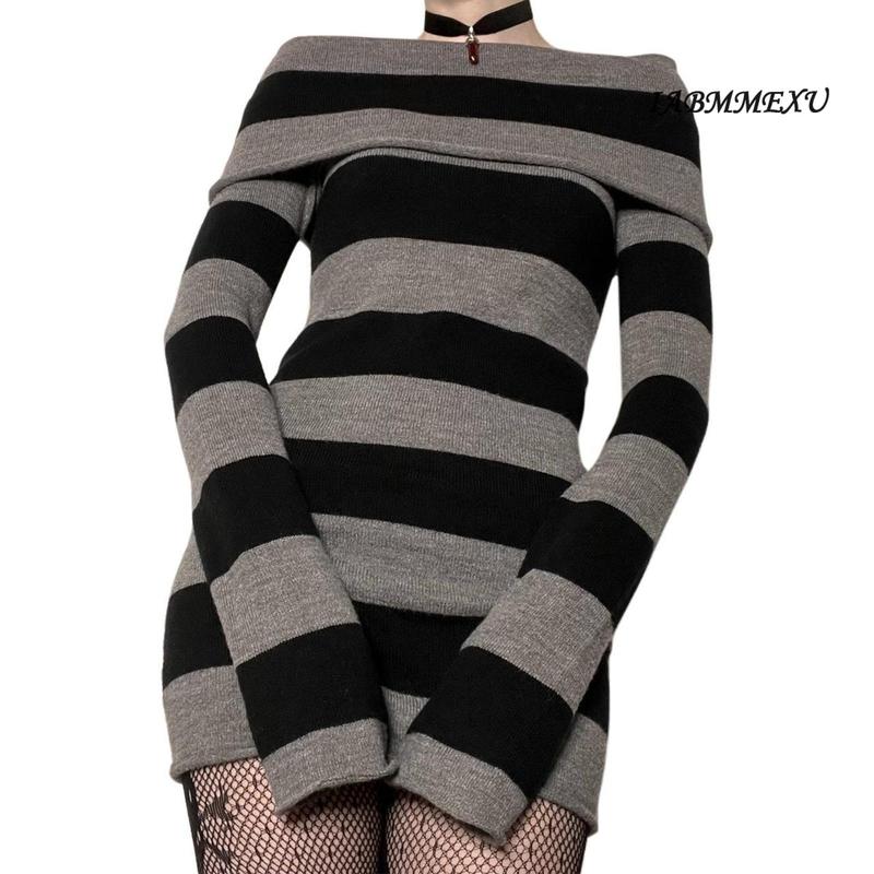 (influencer-approved) Women Gothic Dress Punk Off Shoulder Striped Knit Dress Y2k Fairy Grunge Dress Halloween Dark Academia Clothes Casual Long Sleeve comfortable  dress Summer Black Light Polyester Womenswear Boat Bodycon Check
