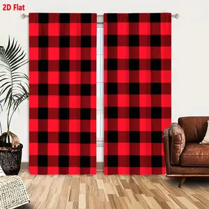 2D Flat  2-Pack Black and Red Plaid Checkered Curtains, Classic Grid Pattern Window Drapes for Living Room Bedroom, Light Filtering, Vibrant Solid Colors, Uniform Sizing Symmetrical Design