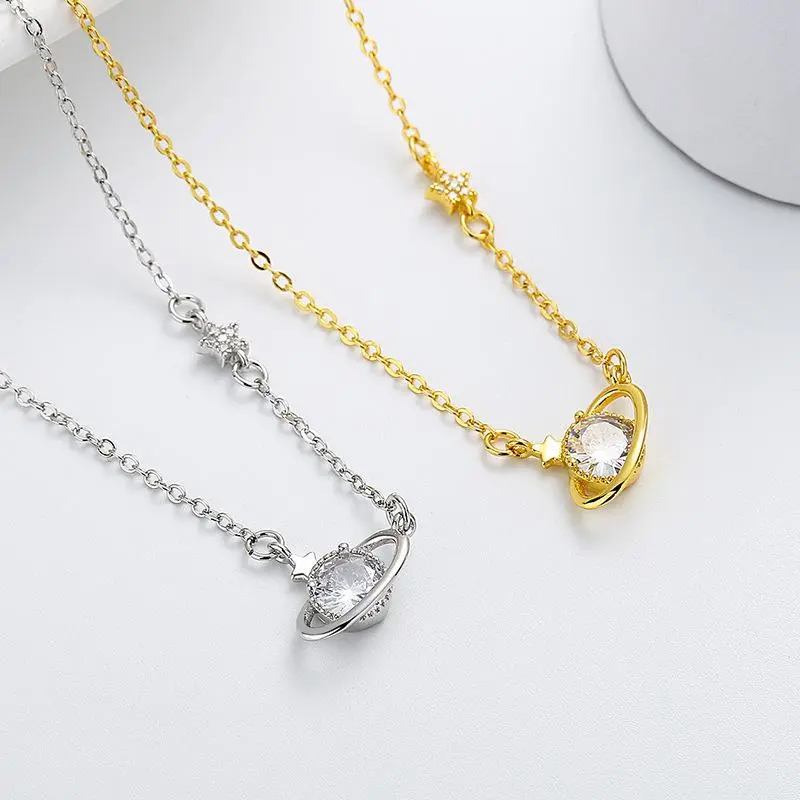 Luxury Dainty Crystal Saturn Star Necklace Gold Color Sparkling Planet Pendant Clavicle Chain Necklaces for Women Birthday Gift