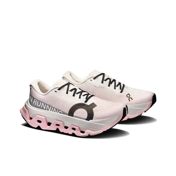 Off-white pink colorblock athletic sneakers featuring eye-catching layered cushion midsole, lightweight woven mesh construction, ventilated perforated panels, tough segmented rubber outsole, a trendy staple for fitness lovers